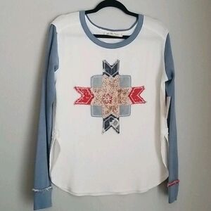 We The Free Lone Star Thermal Knit Top Sz S Patchwork Colorblock Raw Seams Blue